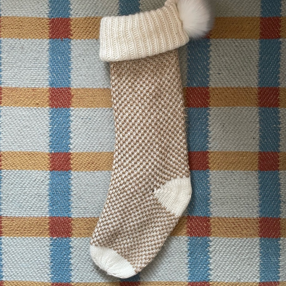 Anthropologie Snowfall Gold Cream Sparkly Christmas Stocking with Pom Pom